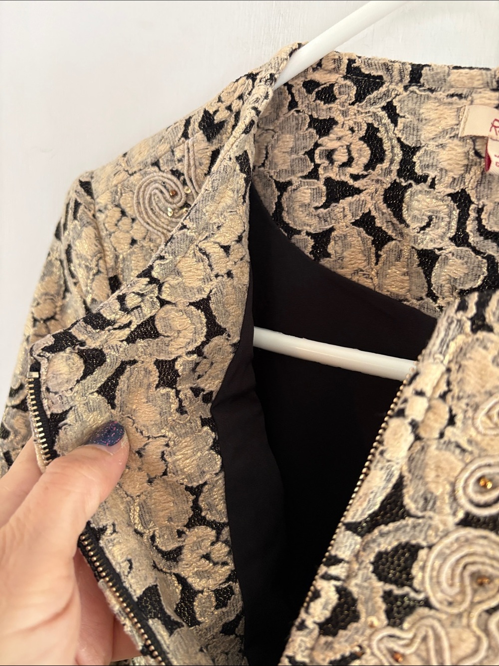 Reba black cream metallic gold brocade lined beaded jacket Size S - Picture 7 of 10